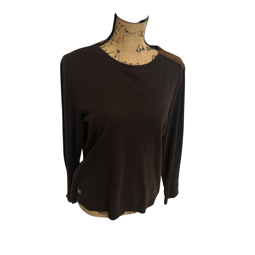 VINTAGE Lauren Ralph Lauren Knit Top Brown Faux Suede Shoulder Patch Size Large
